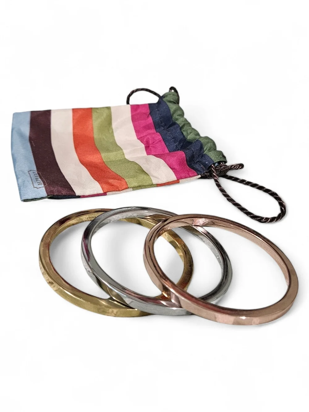 Coach Tri-Tone Metal Stackable Bangle Bracelet Set - Gold, Rose Gold, Silver - Picture 2 of 5